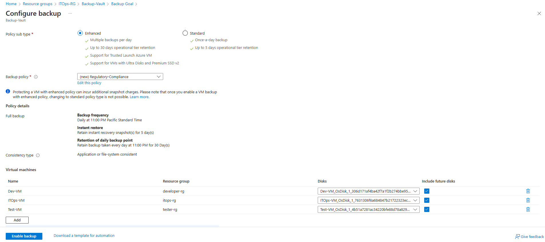 Backup policy settings